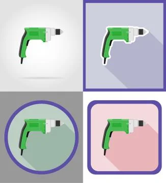 Electric drill tools for construction and repair flat icons vector illustrati Stock Illustration