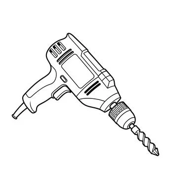Electric drill with trigger and bit, detailed black outline Stock Illustration
