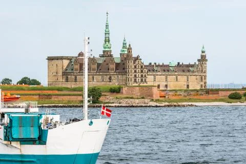 Electric driven ferry-boat between Denmark and Sweden and Kronborg castle in Stock Photos