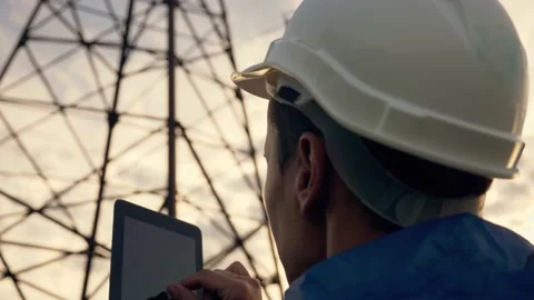 Electric energy concept, technology. engineer works with a tablet. Industrial 動画素材 150795792