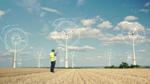 Electric engineer inspecting windmill turbine with tablet with animated Stock Footage 165824407