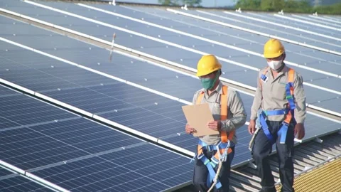 Electric engineer team inspecting and check solar cell system. Stock Footage 277104885
