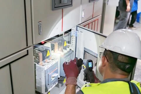 Electric engineer use temp gun inspection main breaker. Stock Photos
