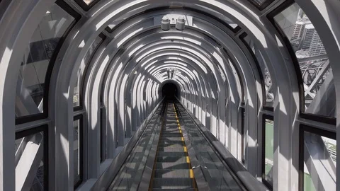 Electric escalator structure , going down stairs perspective. Umeda Sky Building Video stock 124977946