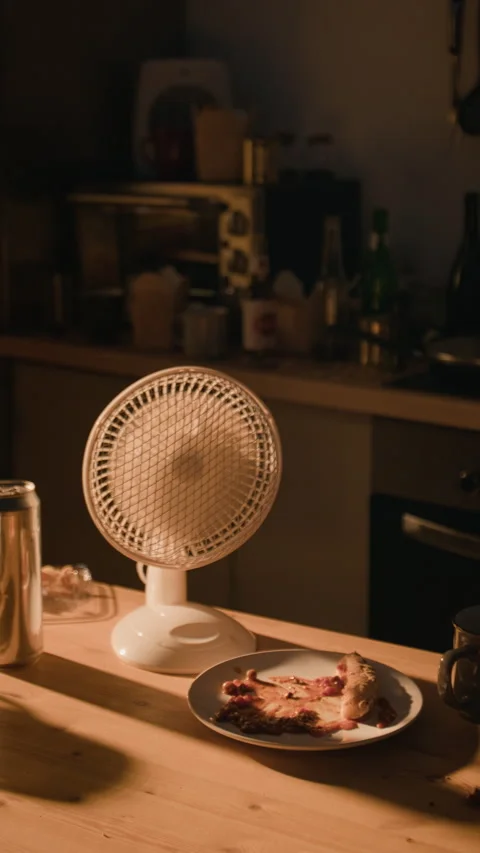 Electric Fan Oscillating on Messy Table with Leftover Food at Night Stock Footage 344875620
