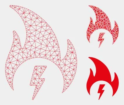 Electric Fire Vector Mesh Wire Frame Model and Triangle Mosaic Icon 스톡 일러스트