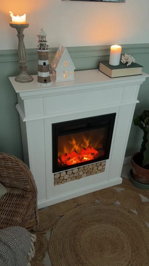 Electric fireplace high angle view in hamptons and scandinavian living room Stock Footage 346172347