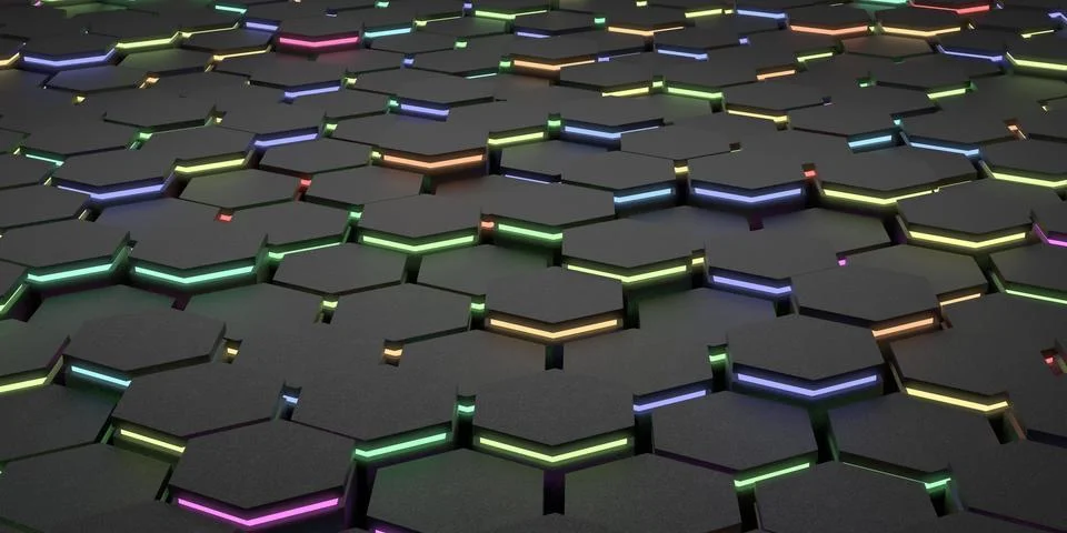 Electric futuristic surface hexagon pattern with coloured rays 3D Rendering Stock Illustration