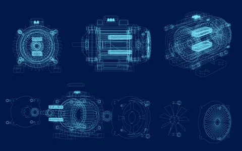 Electric generator motor wireframe. Vector illustration 3d isometric. Creative Illustrazione stock