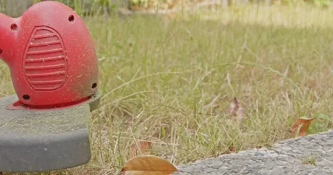 Electric grass trimmer mowing high grass of garden lawn in slow motion 動画素材 244691838