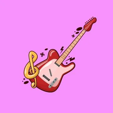 Electric Guitar with Music Notes Vector Illustration in Cartoon Style. Musi.. Stock Illustration