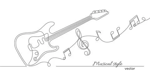Electric guitar .Musical notes .Continuous line drawing.Vector illustration. Stock Illustration