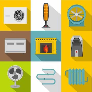 Electric heater icon set, flat style Stock Illustration