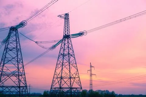 Electric high voltage post, High voltage energy transmission. Grid of high Stock Photos