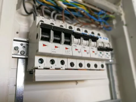 Electric installation inside switch board cabinet Foto stock