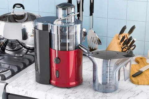 Electric juicer on the kitchen table. 3D rendering Stock Illustration