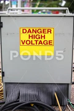 Electric Junction Metal Cabinet Box at Carnival with Danger High Voltage Sign Stock Photos