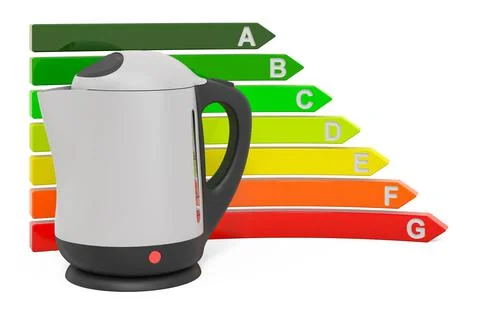 Electric kettle with energy efficiency chart, 3D rendering Stock Illustration