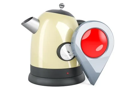Electric kettle with map pointer. 3D rendering Illustrazione stock
