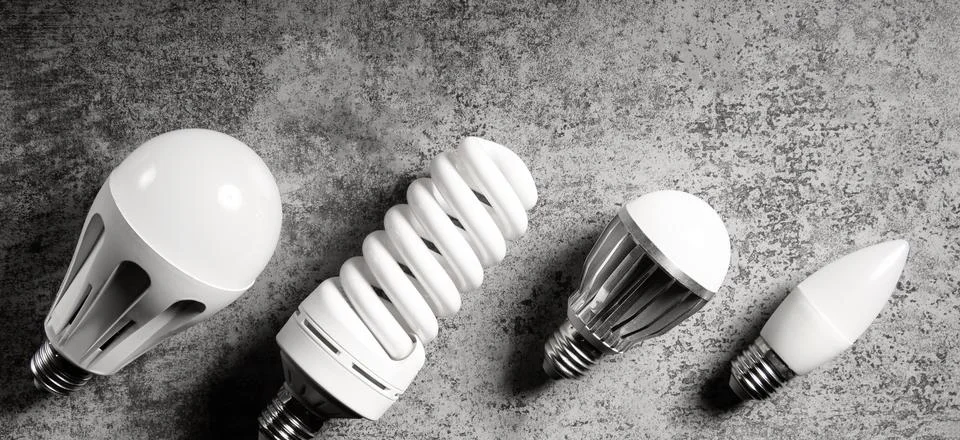 Electric lamps with different technology - diffirent led, luminescent and Stock Photos
