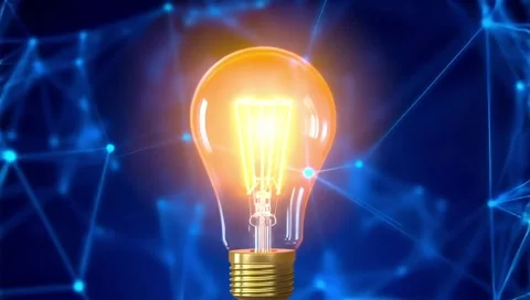 Electric light bulb bright polygonal connections on a dark blue Stock Footage 300014643