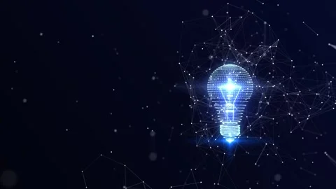 Electric light bulb bright polygonal connections on a dark blue background. Tech Stock Footage 310992671