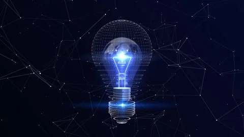 Electric light bulb bright polygonal connections on a dark blue background. Tech Stock Footage 310992704