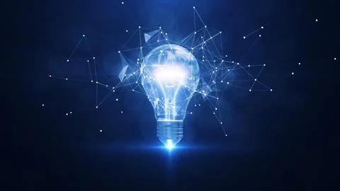 Electric light bulb bright polygonal connections on a dark blue background... Stock Illustration