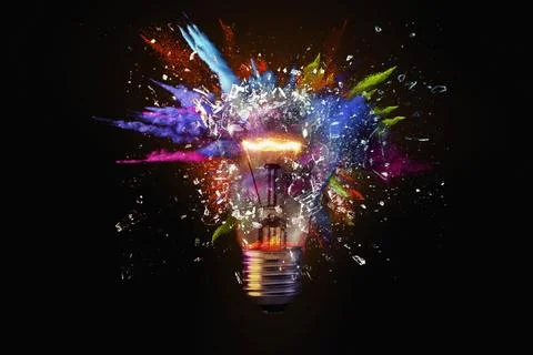 Electric light bulb exploding with paint and glass, a creative idea. Busine.. Stock Photos