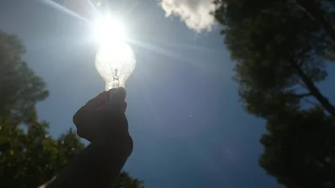 Electric light bulb held by a person's hand silhouette in the sun Stock Footage 240462103