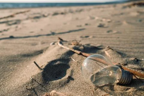 Electric light bulb trash on sandy sea coast, polluted ecosystem,microplastics Stock Photos