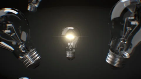 Electric Light Bulbs in the Dark, Central Lamp Turns On with Warm Light. Shining Stock Footage 291313315