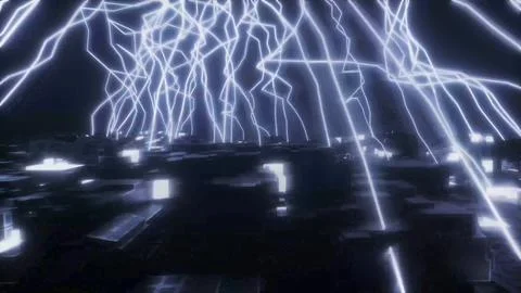 Electric light lines over dark digital terrain, 4K illustration Stock Illustration
