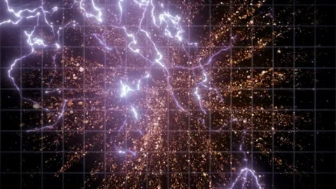 Electric lightning discharges across a digital grid background with glowing Stock Footage 338327008