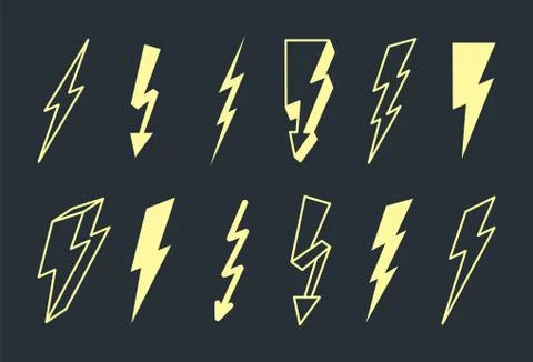 Electric lightning set. Powerful yellow flashes in dark thunderstorm with Stock-Illustration