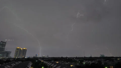 Electric lightning strike flashing over dark city skyline, processed timelapse Vídeo Stock 346411751