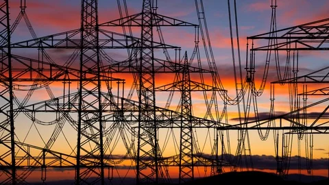 Electric Line with Pylons and Cable in Silhouette, Time Lapse at Twilight Stock Footage 122368704
