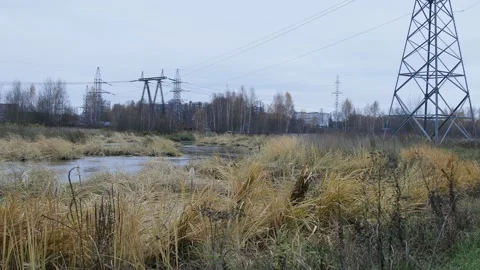 Electric lines in the field with small river and waving grass. Stock Footage 150433892