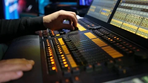 Electric machine on table for working of light show for concerts Stock Footage 127465406