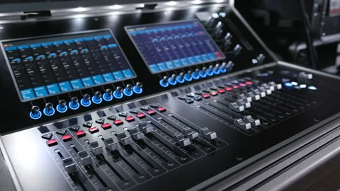 Electric machine on table for working of sound designer or club dj at party in n Stock Footage 199474554