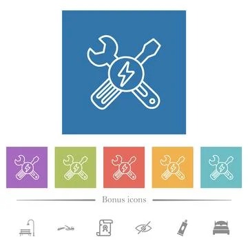 Electric maintenance outline flat white icons in square backgrounds Stock Illustration