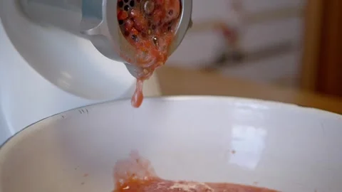 Electric Meat Grinder Processing Fresh Red Tomatoes For Homemade Sauce Stock Footage 330116876