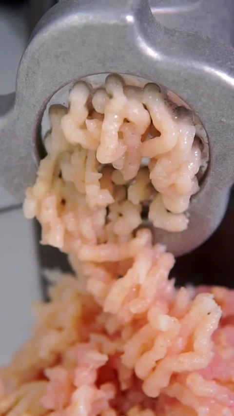 Electric Meat Grinder Processing Minced Meat Close-Up 스톡 동영상 346639918