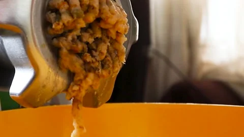 Electric Meat Grinder Twists Minced Meat. The Process of Grinding Meat  Stock Footage 252996276