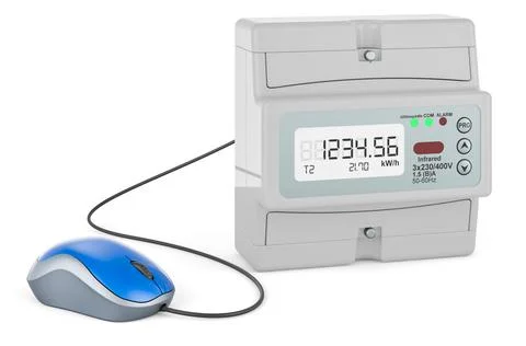 Electric meter with computer mouse. 3D rendering Illustrazione stock