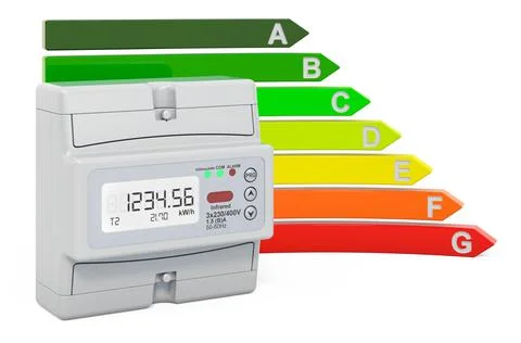 Electric meter with energy efficiency chart, 3D rendering Stock Illustration