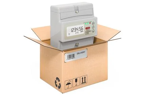 Electric meter inside cardboard box, delivery concept. 3D rendering Illustration