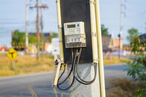 Electric meter installation utility pole rural area daylight close-up infra.. Fotos Stock