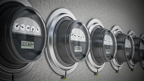 Electric meters in a row installed on the wall. 3D animation Stock Footage 285496300