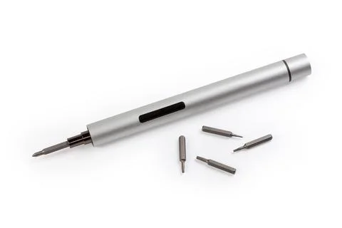 Electric mini screwdriver and different interchangeable bits Foto stock